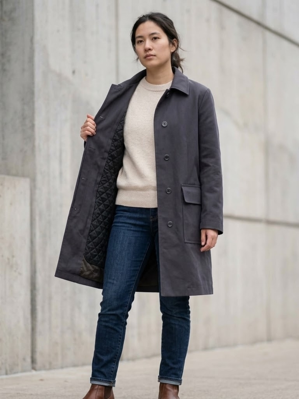 Gallery Quilted Lining Zip Trench Coat XS Grey Classic Warm Clean Girl Classic